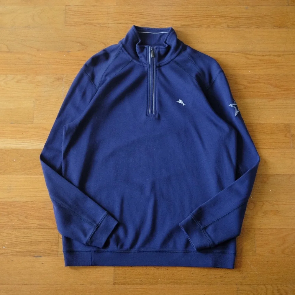 Tommy Bahama‎ Cowboys Quarter Zip Pullover Navy Blue PIma Cotton Sweatshirt M